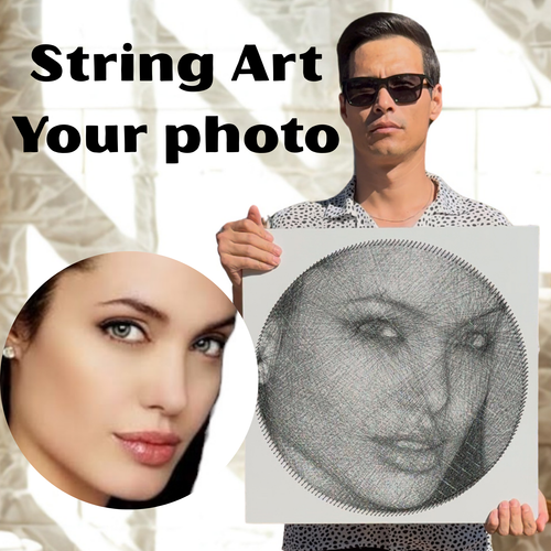 Custom string art portrait thread and nail detail close-up