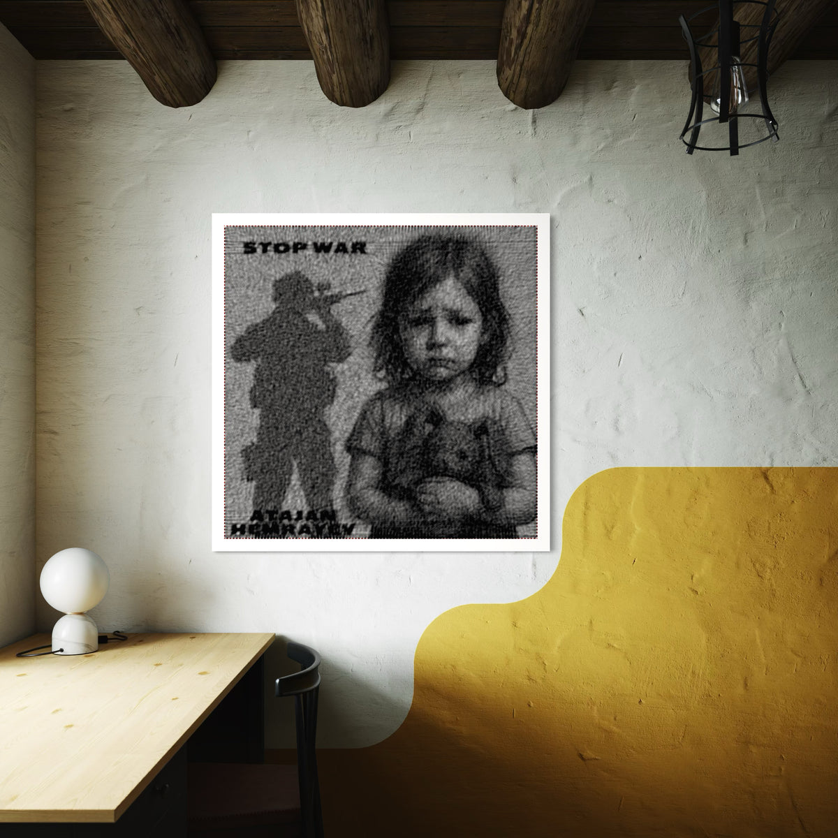 Stop War original string art of a child with a teddy bear and a soldier's shadow, hanging on a wall